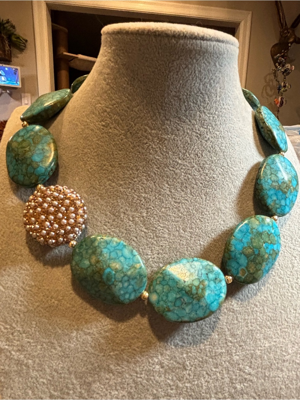 Turquoise colored gemstone Statement Bead Necklace w/Gold Pearl and crystal bead